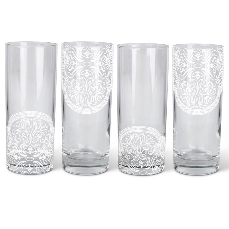 Set of 8 Lone Elm Studios Frosted Moroccan Bees Mandala Cordial Highball Glasses