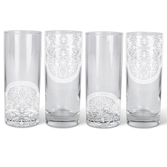 Set of 8 Lone Elm Studios Frosted Moroccan Bees Mandala Cordial Highball Glasses