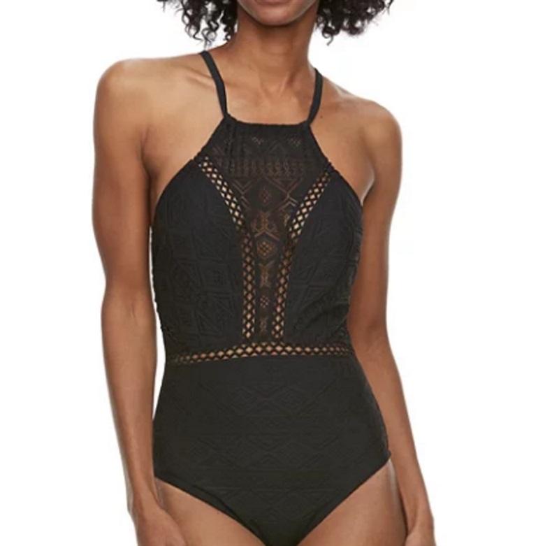 NWT Aqua Couture S Black Crochet High Neck 1PC Swimsuit 98093