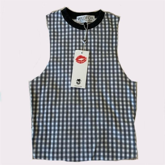 NWT Wildfox SM Sleeveless High Neck Black White Check T Shirt 98127