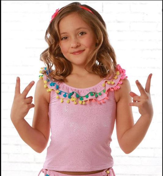 NWOT Pilyq 10 Girls Pink Cotton Candy Pom Pom Tankini Swim Top 98333
