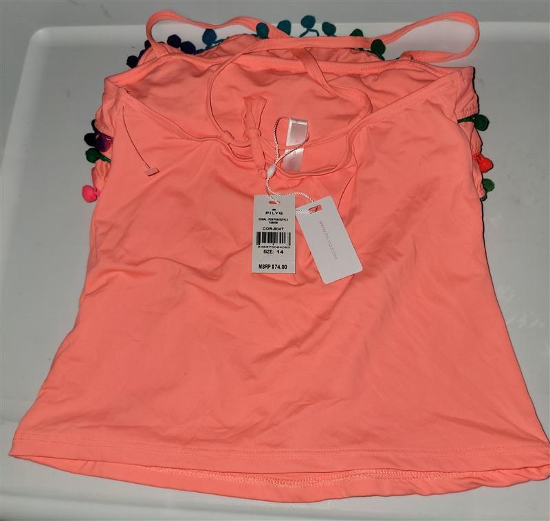NWT Pilyq 14 Girls Coral Pom Pom Ruffle Tankini Swim Top 98339