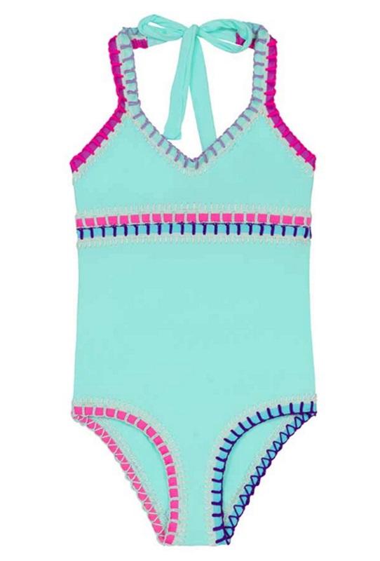 NWT Pilyq 2 Girls Aqua Crochet Splash Rainbow Trim 1PC Swimsuit 98345