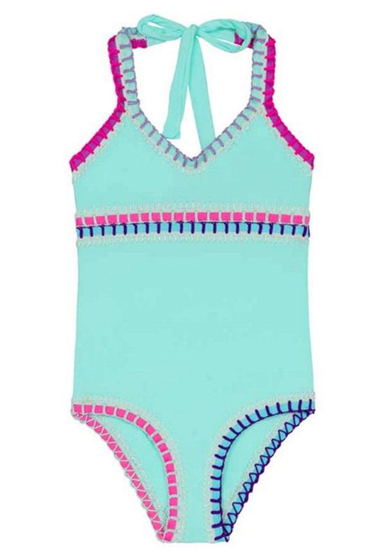 NWT Pilyq 2 Girls Aqua Crochet Splash Rainbow Trim 1PC Swimsuit 98345