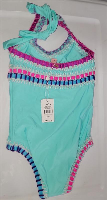NWT Pilyq 2 Girls Aqua Crochet Splash Rainbow Trim 1PC Swimsuit 98345