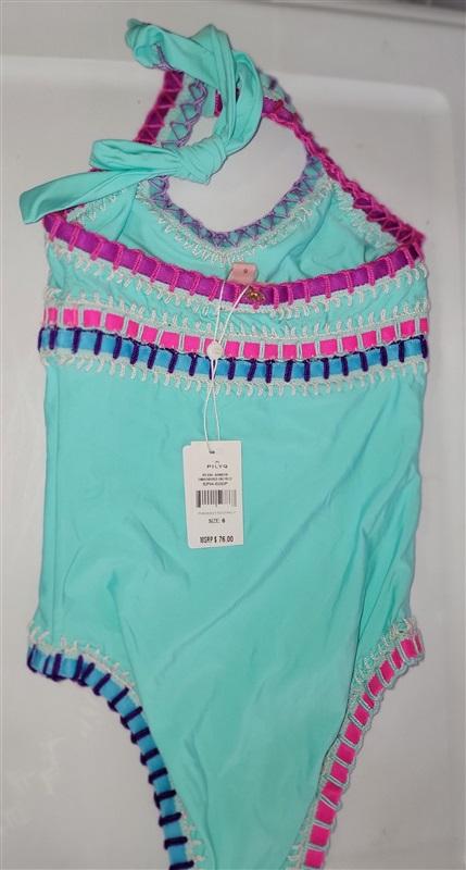 NWT Pilyq 2 Girls Aqua Crochet Splash Rainbow Trim 1PC Swimsuit 98345