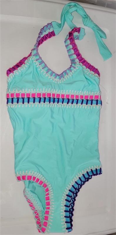 NWT Pilyq 2 Girls Aqua Crochet Splash Rainbow Trim 1PC Swimsuit 98345