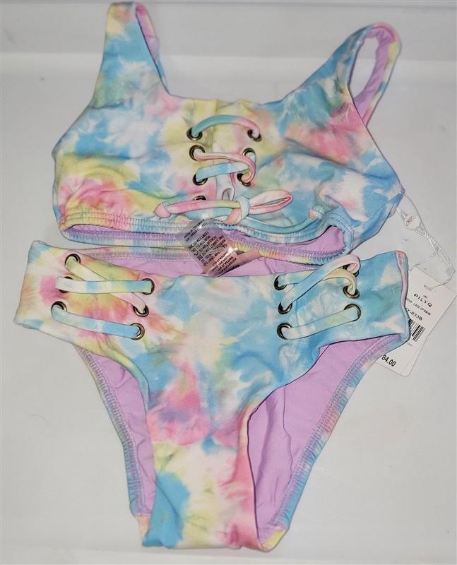 NWT PIlyq 4 Girls Groovy Lace UP Bikini Swimsuit Tie Dye 98347