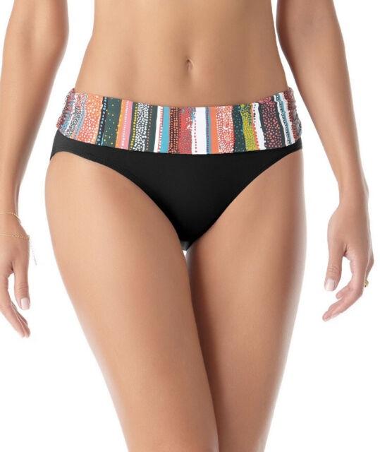 NWT Anne Cole L Sand Stripe Black Foldover Cheeky Bikini Swim Bottom #98419