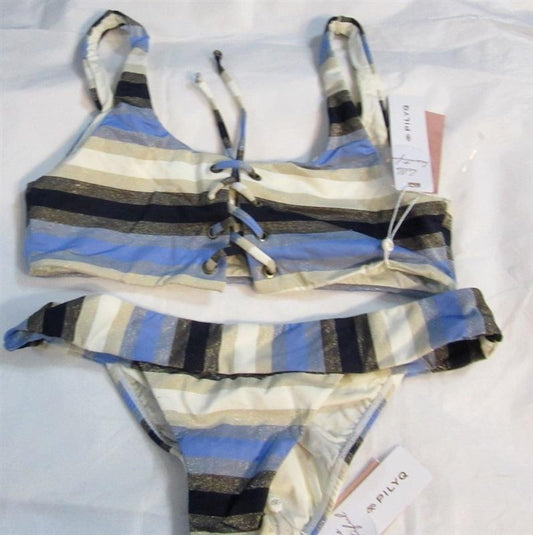 NWT Pilyq Cancun M Striped Lace Up Top & Cheeky Bottom Bikini Swim Set 98489