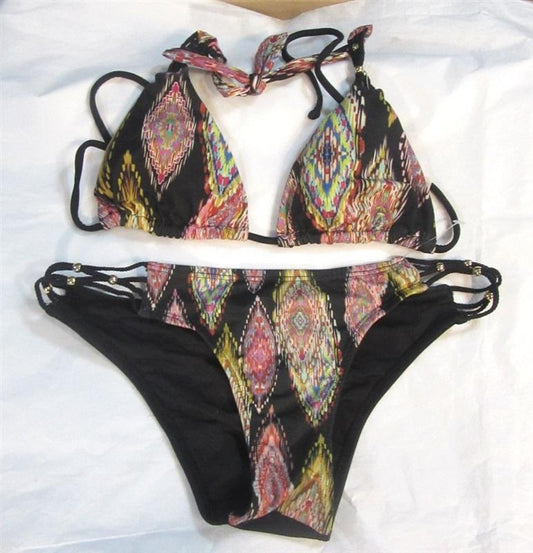 NWOT Pilyq Ikat Diamond Gold Braided String Bikini S Top & Bottoms 98498