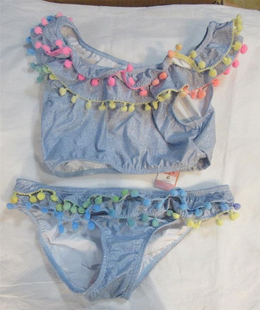 NWT PIlyq 16 Girls Sparkle Denim Pom Pom Bikini Top & Bottom 98513