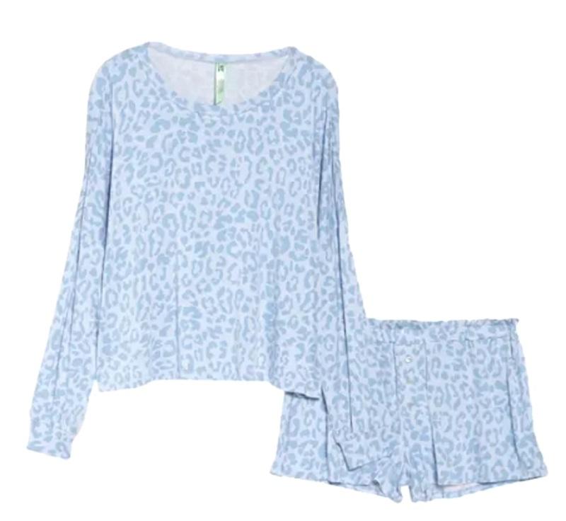 NWT HoneyDew L Cove Leopard Starlight French Terry Shorts Pajamas Blue #98540