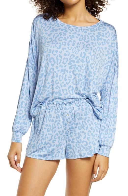 NWT HoneyDew L Cove Leopard Starlight French Terry Lounge Top Blue #98565