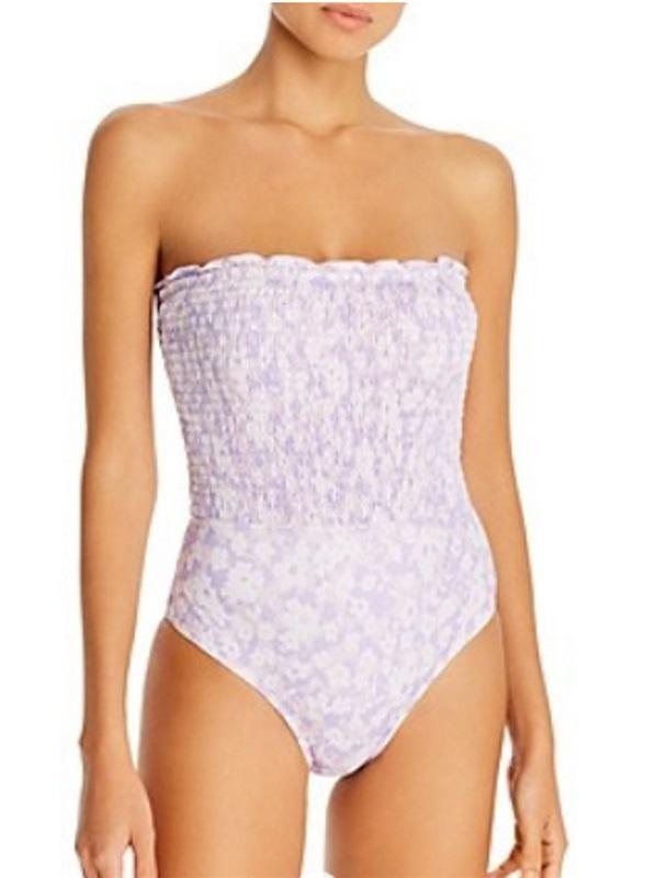 NWT Peony 8 Floral purple Strapless Smocked 1pc Swimsuit 98618