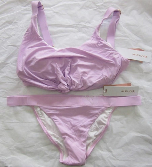 NWT PIlyq M Lilac Halter Knot Top Thin Band Cheeky Bikini Swim Set #98653