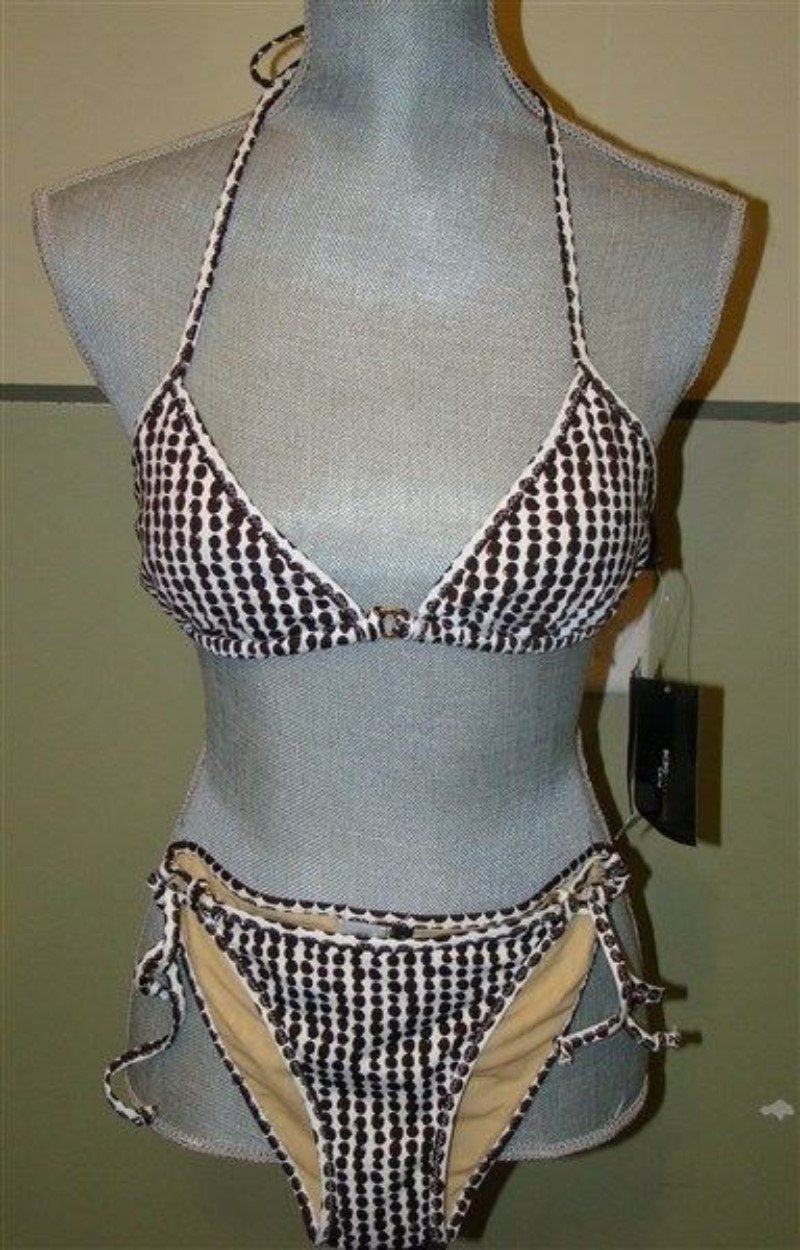NWT BCBG Max Azria Polka Dot Tie Bikini Halter Top & Bottom BROWN M #98681