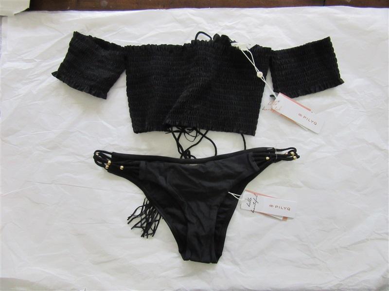NWT Pilyq M Midnight Gold Black Smocked Shoulder Bikini Top Teeny Bottom 98707