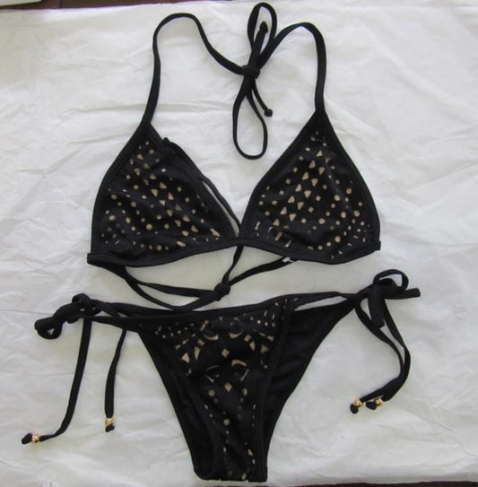 NWOT Pilyq S Black Cut Out Triangle Top Bikini & Swim Bottoms #98710