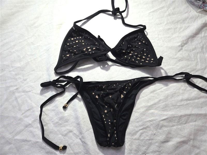 NWOT Pilyq S Black Cut Out Triangle Top Bikini & Swim Bottoms #98710