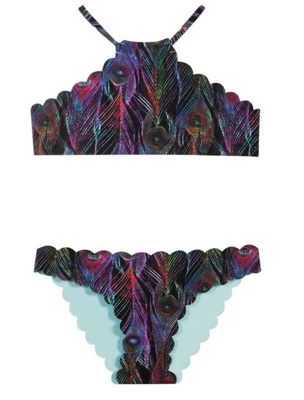 NWT PIlyq 4 Girls Peacock Plume Reversible High Neck Bikini Set 98783