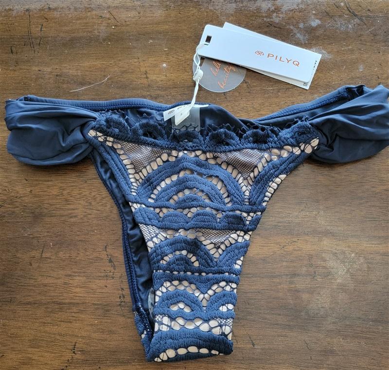 NWT Pilyq Nautica Navy Lace Cheeky L Side Tab Bikini Swim Bottoms #98812