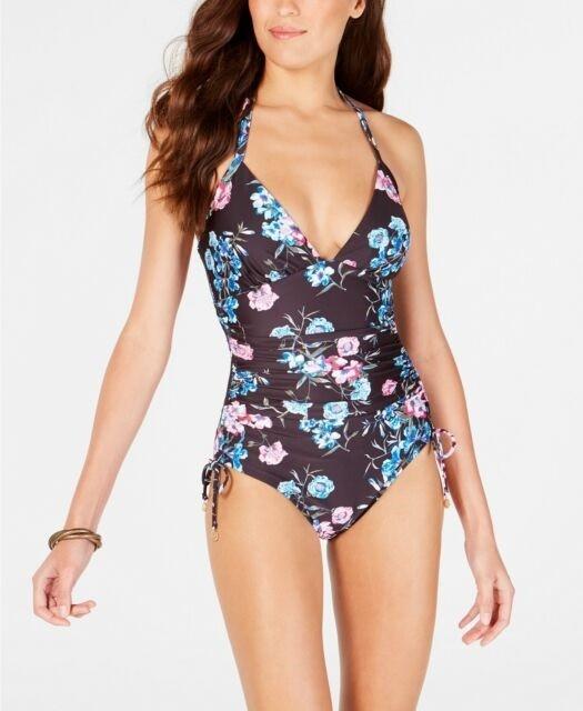 NWT DKNY Black Floral SZ 16 Halter Side-Tie V-Neck One-Piece Swimsuit #99091