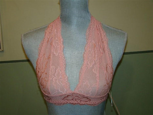 NEW JT Intimates Knit Halter Lace Bralette Small Pink #99119