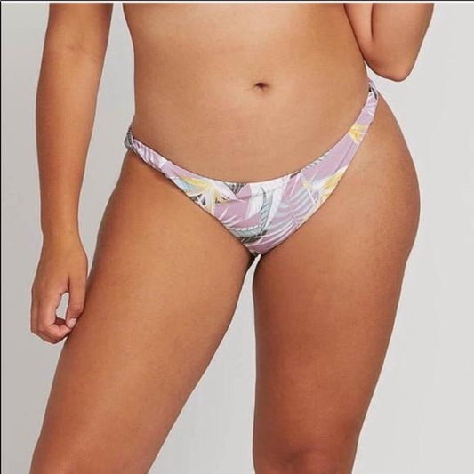 NWOT Volcom Don't Leaf S Pink Palm Side Tab Cheeky Bikini Swim Bottom #99287