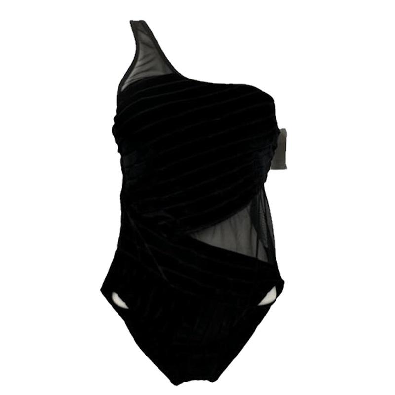 NWOT Kenneth Cole Black Velvet L One-Shoulder Mesh One-Piece Swimsuit #99495