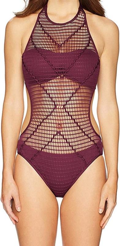 NWT Kenneth Cole Solid Burgundy XL Netted High-Neck One-Piece Swimsuit #99606
