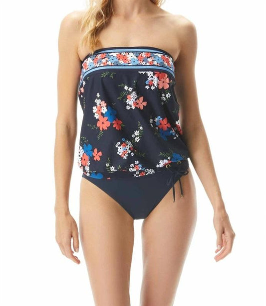 NWT Michael Kors Blouson S Navy Floral Bandeau Tankini Swim Top #99649