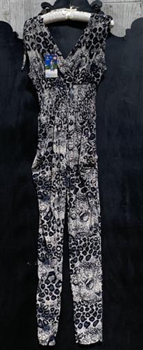 NWT V-Neck Pretty Kitty Gray & Black Cheetah Print Stretch Pants Jumpsuit M 01