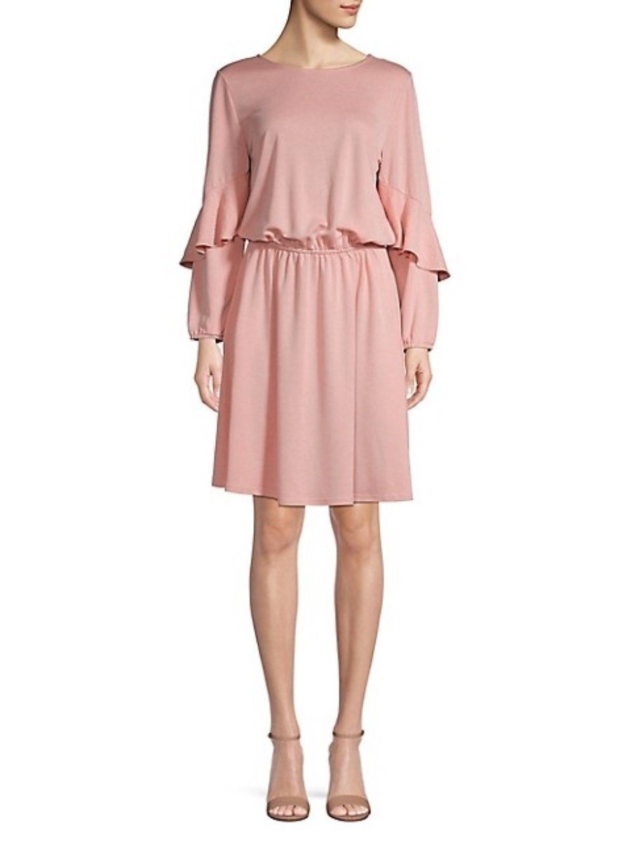 NWt H Halston Trapunto Flounce-Sleeve Shift Dress Pink LG #75941