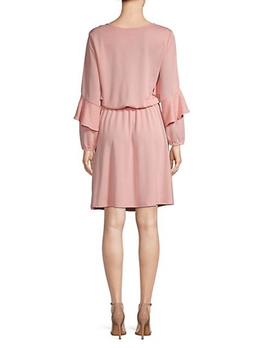 NWt H Halston Trapunto Flounce-Sleeve Shift Dress Pink LG #75941