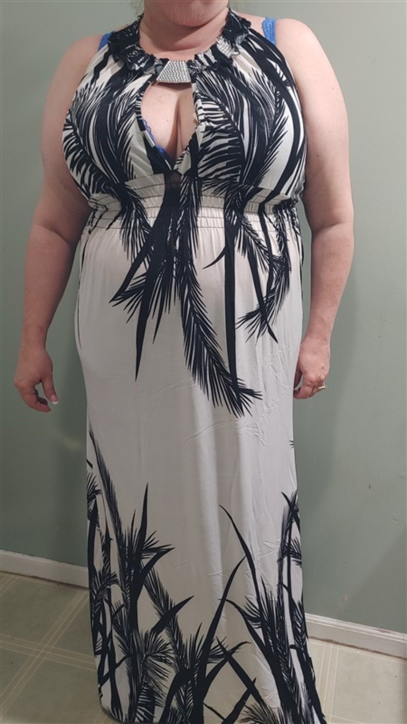 NWT Hawaiian Palms Open Back Keyhole White & Black Maxi Dress Sundress L 07