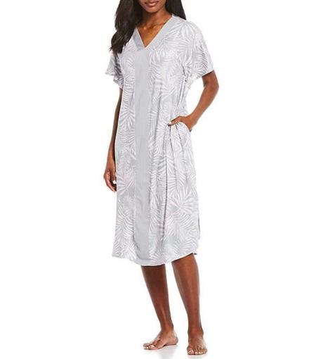 NWt iRelax Printed Recycled-Knit Caftan L/XL Pink Grey Palm Leaves Fronds #83897