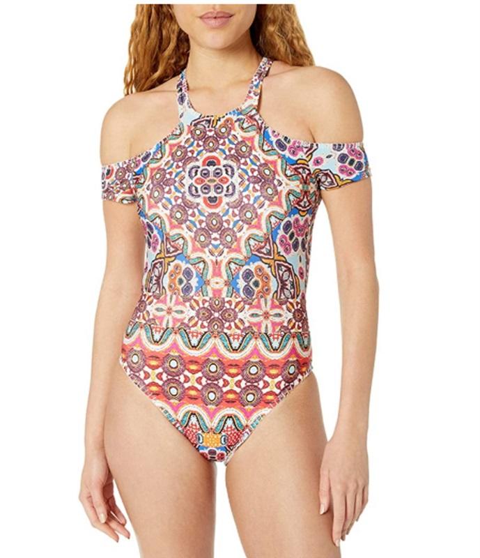NWT Kenneth Cole SM REACTION Casablanca Off Shoulder High Neck Swimsuit 90132