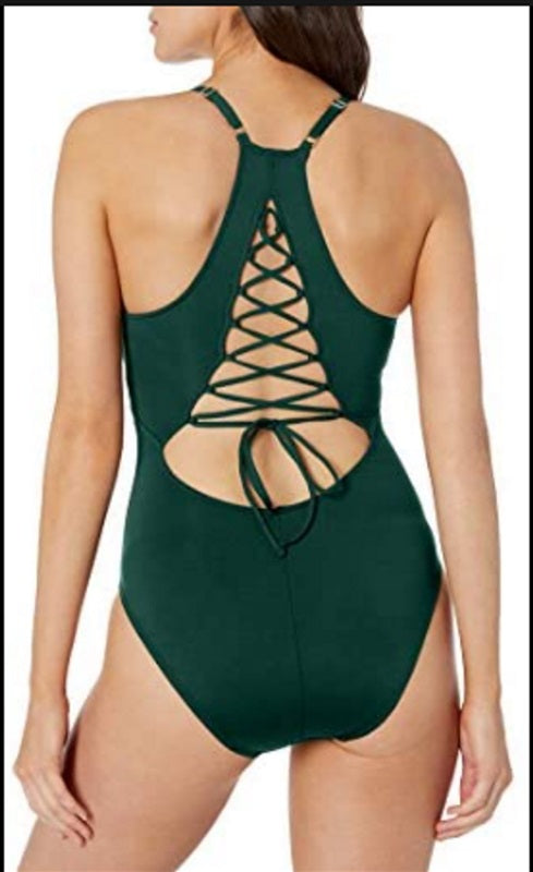 La Blanca 6 Island Goddess V-Front Lattice Back One Piece Swimsuit Green 90117