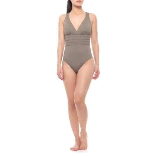 NWT La Blanca 14 Island Goddess Mio One-Piece Swimsuit Taupe #90137