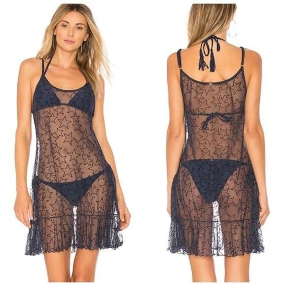 NWT Pilyq M/L Blue Sheer Stars Starlight Dress Swimsuit Cover UP 92315