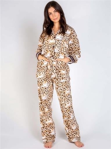 NWT PJ Salvage Cool Beans Cheetah & Coffee Flannel Pajamas Med #87078