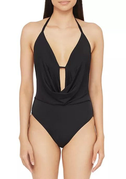 NWOT Kenneth Cole Core Plunge L Solid Black Halter One-Piece Swimsuit #100500
