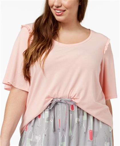New Hue 2X Plus Size Bell Ruffled Sleeve Lounge Top T-Shirt Pale Pink #102811