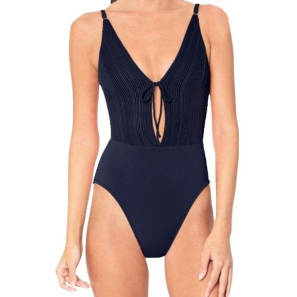 NWT Robin Piccone Lily SZ 12 Solid Navy Ribbed One-Piece Swimsuit #104128