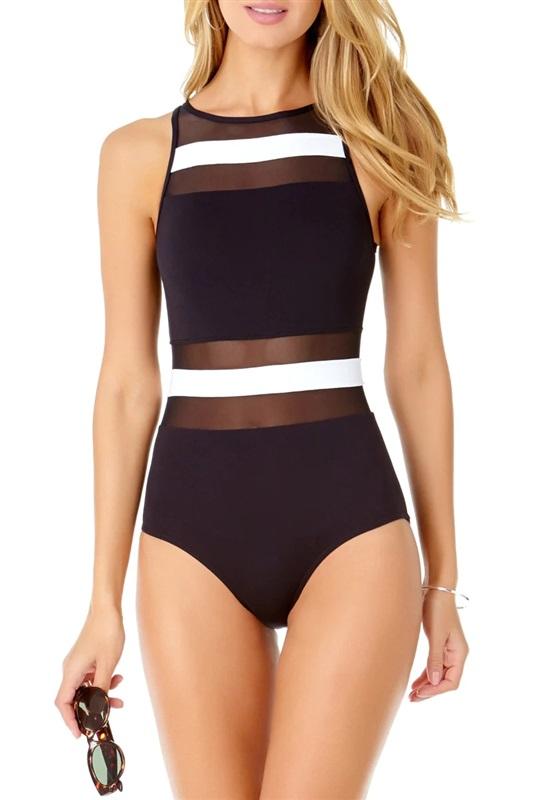 NWT Anne Cole Oh Sheer SZ 16 Color Block High-Neck One-Piece Swimsuit #104150
