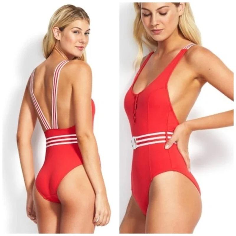 NWOT Seafolly Maillot SZ 16 Solid Belted Snap One-Piece Swimsuit #104155