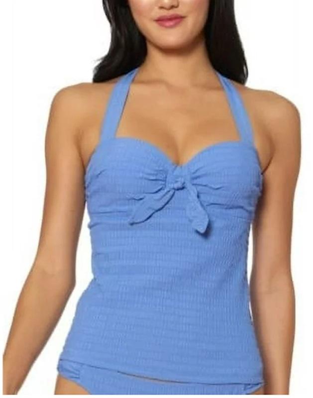 Jessica Simpson L SHADOW Smocked Halter Tankini Blue 115491