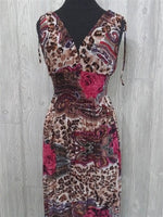 NWT V-Neck Wild Roses Cheetah Pink Rose Stretch Midi Dress Sundress XL #20