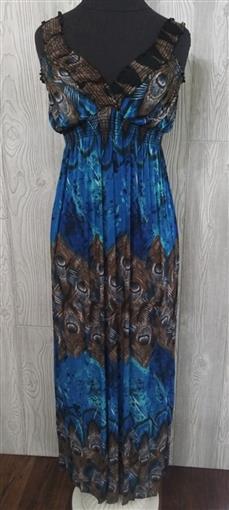 NWT V-Neck Sleeveless Blue & Peacock Print Stretch Maxi Dress Sundress L #16